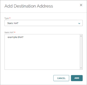 Screen shot of the Add Destination Address dialog box, with the Static NAT type selected
