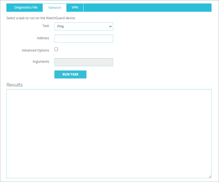 Screen shot of the Fireware Web UI Diagnostics page, Network tab