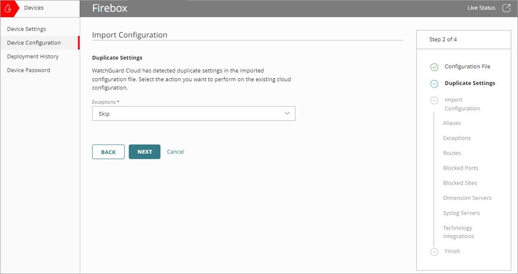 Screenshot of the Import Configuration UI