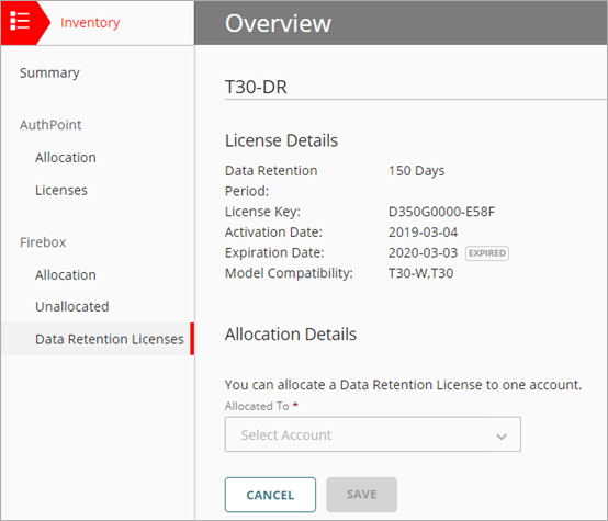 Screen shot of the license details for a Data Retention license
