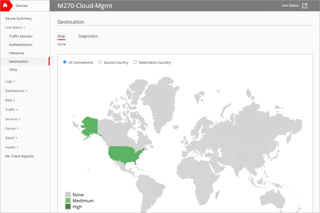 Screen shot of WatchGuard Cloud, Live Status, Geolocation Map