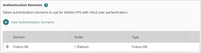 Screen shot of the Authentication Domains section of the Mobile VPN configuration