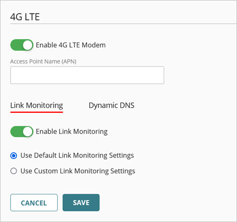 Screen shot of the 4G LTE Modem configuration page in WatchGuard Cloud