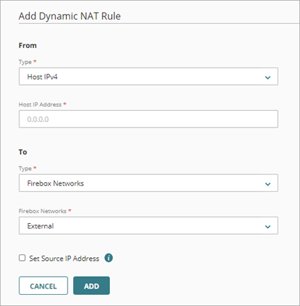 Screen shot of Add Dynamic NAT Rule page with types selected