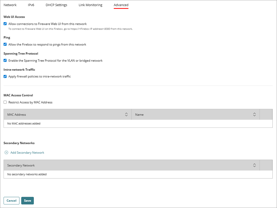 Screen shot of the Advanced tab for an internal network
