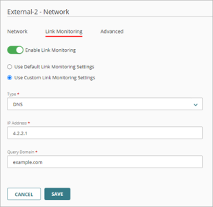 Screen shot of external network configured with custom DNS link monitoring target