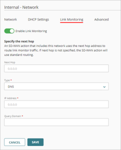 Screen shot of Link Monitoring settings for an internal network, DNS selected