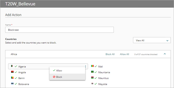 Screen shot of WatchGuard Cloud Geolocation page, block option