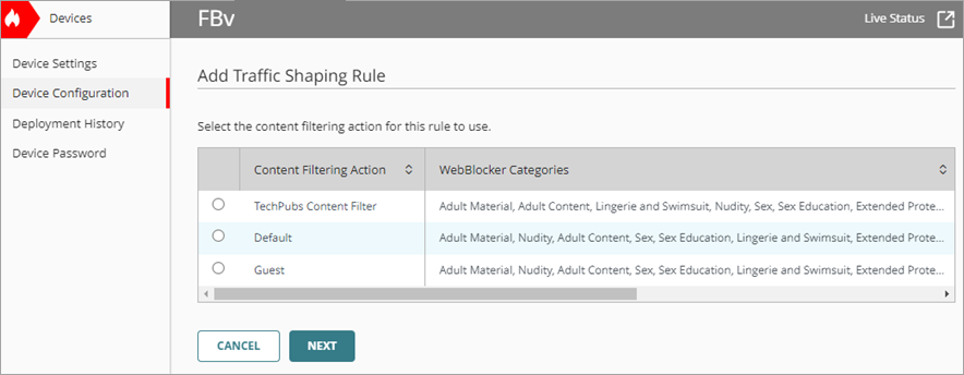 Screenshot of the content filtering action list.