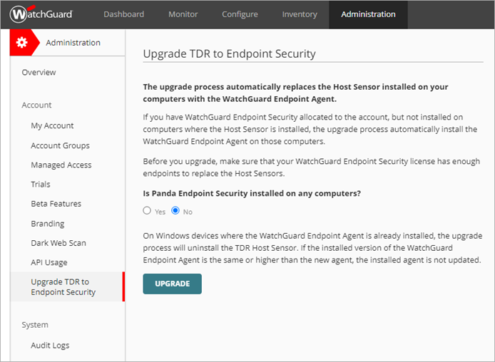 Screen shot of Upgrade TDR to Endpoint Security, no Panda Endpoint Security installed