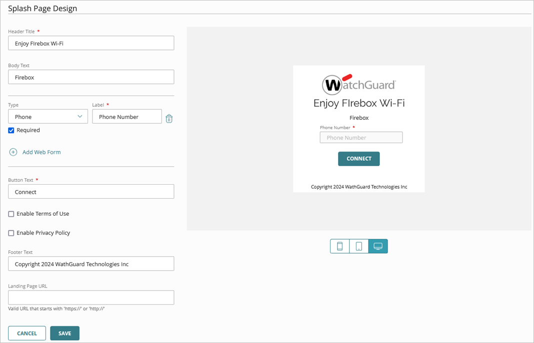Screenshot of the Splash Page Design page