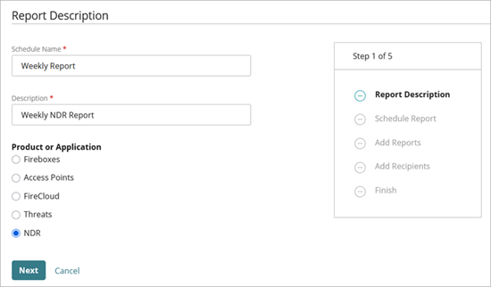 Add a Scheduled Report Wizard, Step 1 - Report Description