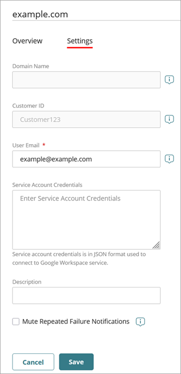 Screenshot of the Edit Cloud Integration page, Settings tab for a Google Workspace integration