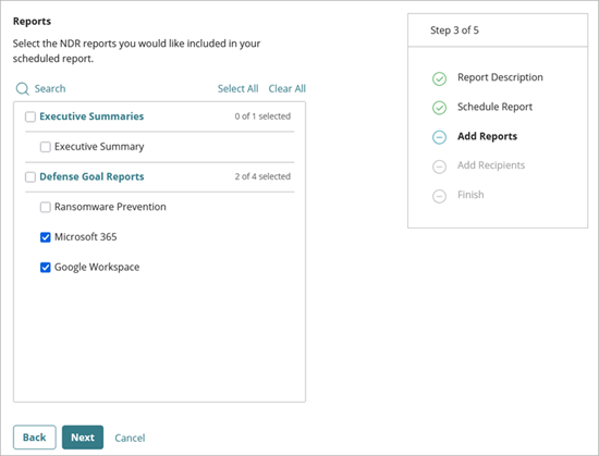 Screenshot of the Add Reports page in the Add a Scheduled Report Wizard, step 2