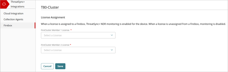 Screenshot of the License Assignment page to assign a WatchGuard NDR for Firebox license to a FireCluster