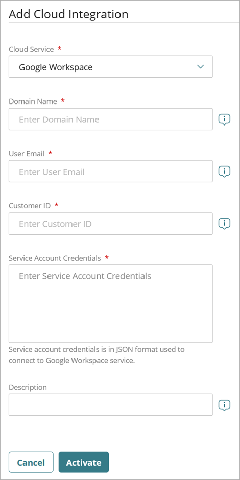 Screenshot of the Add Cloud Integration page for Google Workspace