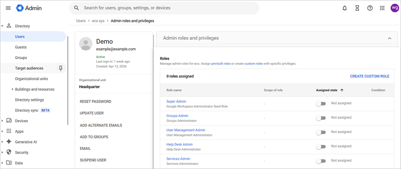 Screenshot of the Admin roles and privileges section in the Google Admin console