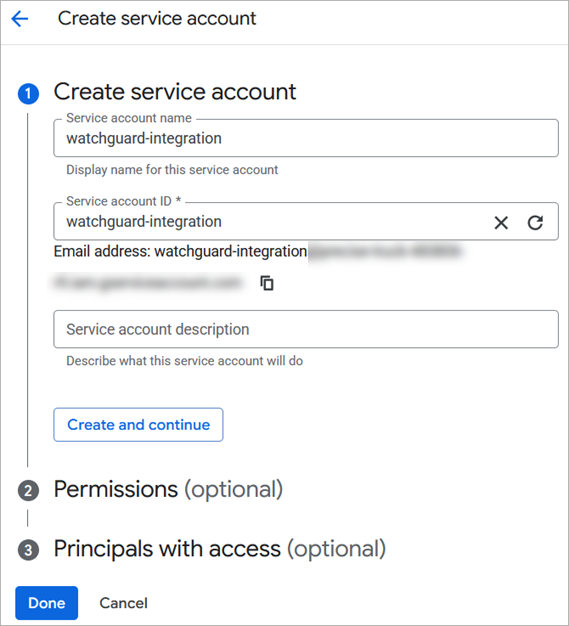 Screenshot of the Create service account configuration