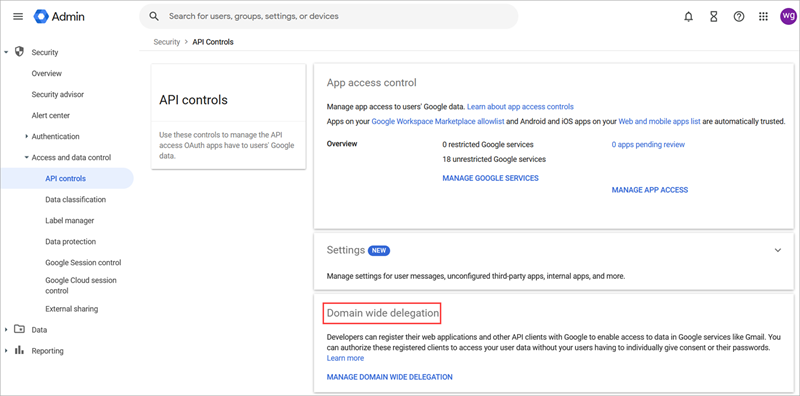 Screenshot of the API controls page in the Google Admin console, Domain-wide delegation section