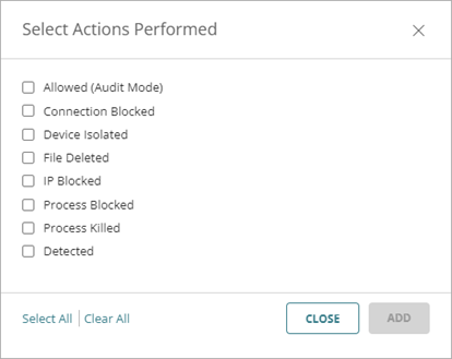 Screenshot of the Select Actions Performed dialog box on the Add Policy page