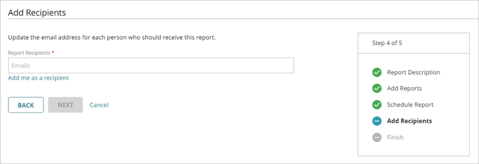 Screenshot of the Add Recipients page, Step 4, in the Add a Scheduled Report Wizard