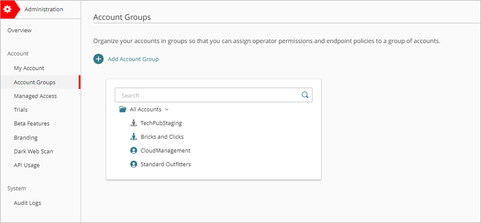 Screenshot of Account Groups in WatchGuard Cloud