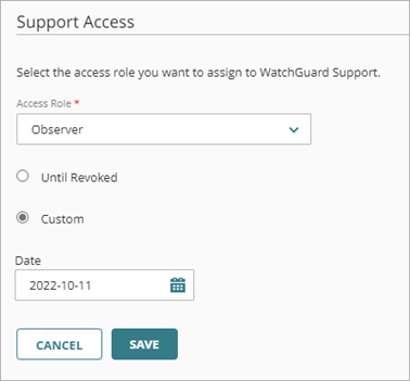 Screen shot of WatchGuard Cloud, Enable Support Access expiration date
