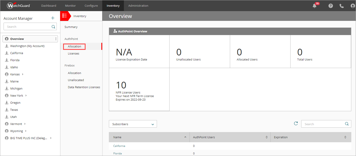 Screen shot of WatchGuard Cloud, AuthPoint Allocation page