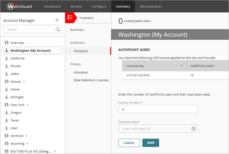 Screen shot of WatchGuard Cloud, My Account AuthPoint users