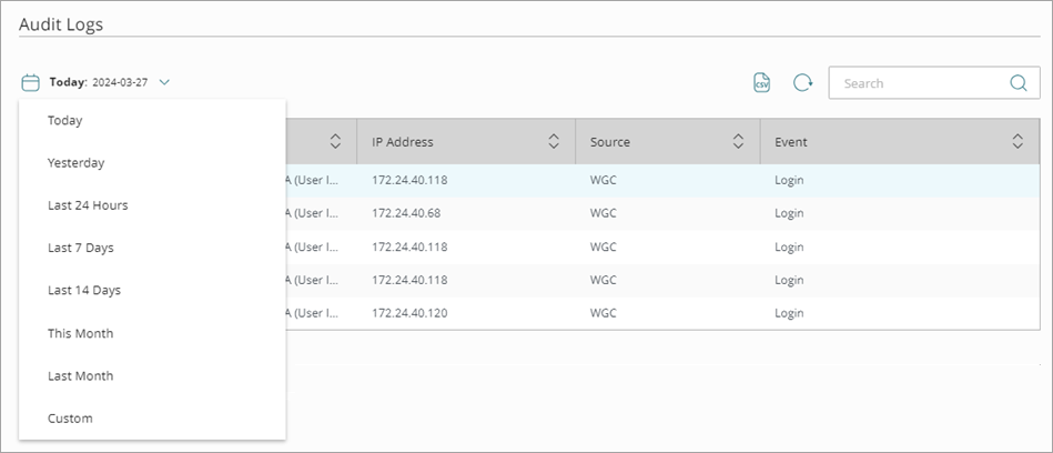 Screen shot of WatchGuard Cloud, Audit Logs, calendar selection