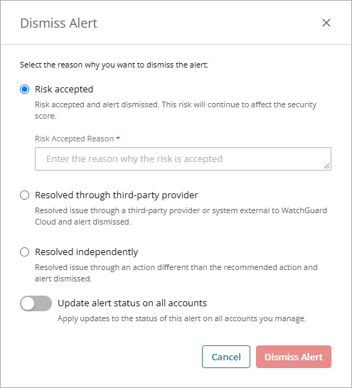 Screenshot of the Dismiss Alert dialog box