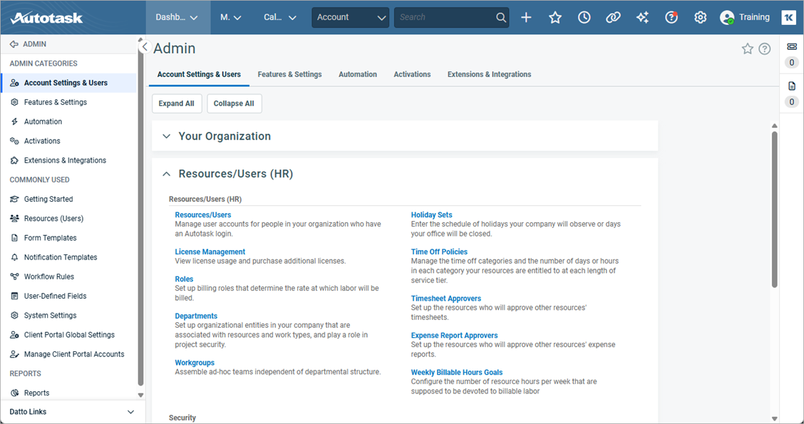 Screen shot of the Autotask Resources/Users page