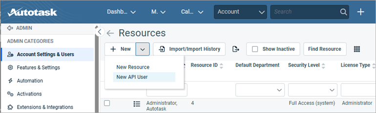 Screen shot of the Autotask add API user drop-down list