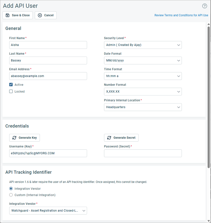 Screen shot of the Autotask add API user dialog box