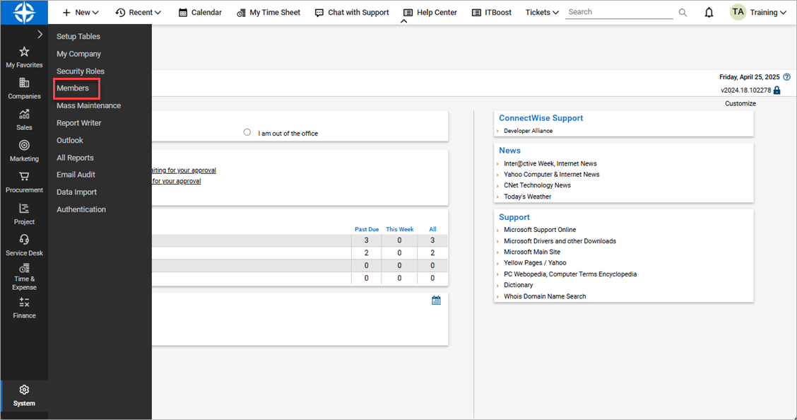 Screen shot of the ConnectWise Manage user interface