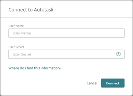 Screen shot of Connect to Autotask dialog box