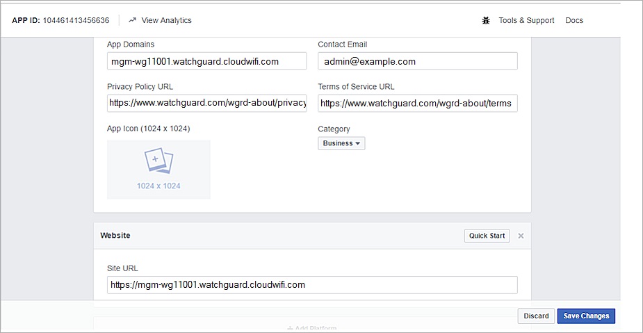 Screen shot of the Facebook app creation page
