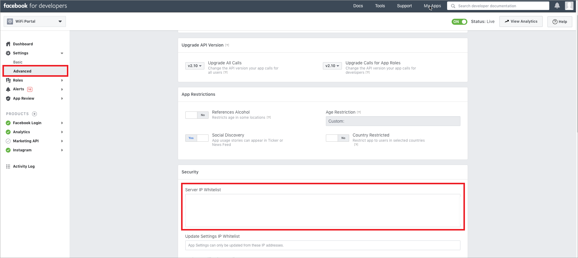 Screen shot of the Server IP Whitelist section in the Facebook app configuration