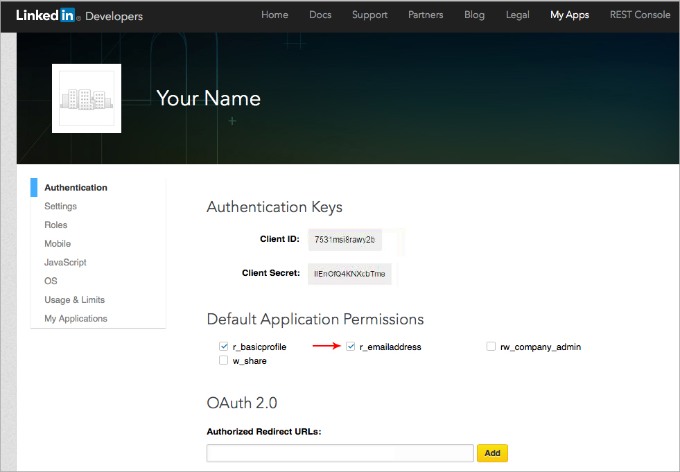 LinkedIn client ID and client secret
