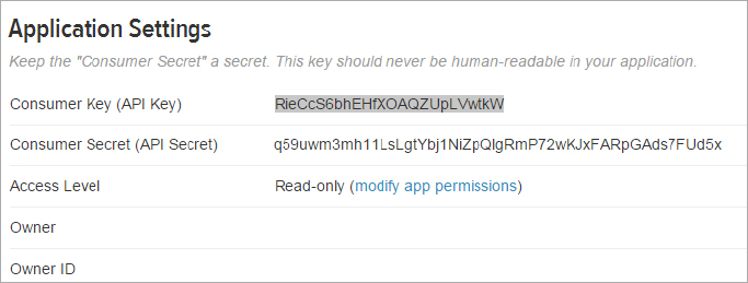 Twitter application settings