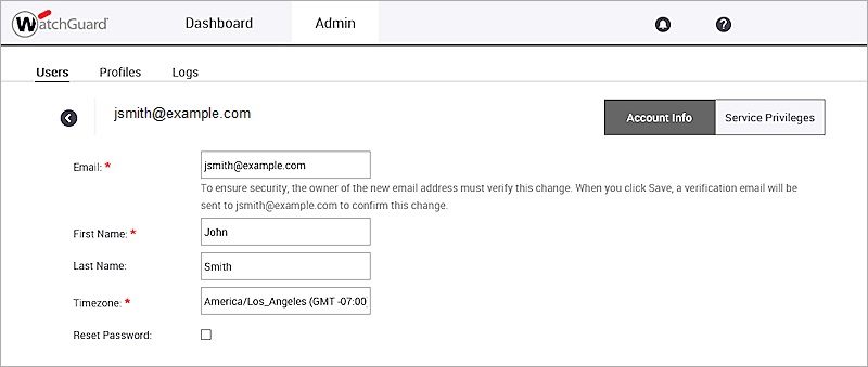 Screen shot of the Admin > Users > Account Info page in Launchpad