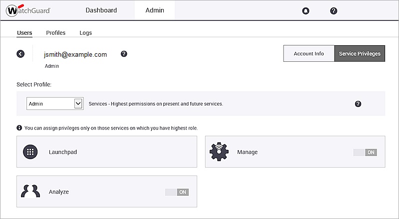 Screen shot of the Admin > Users >Service Privileges page in Launchpad