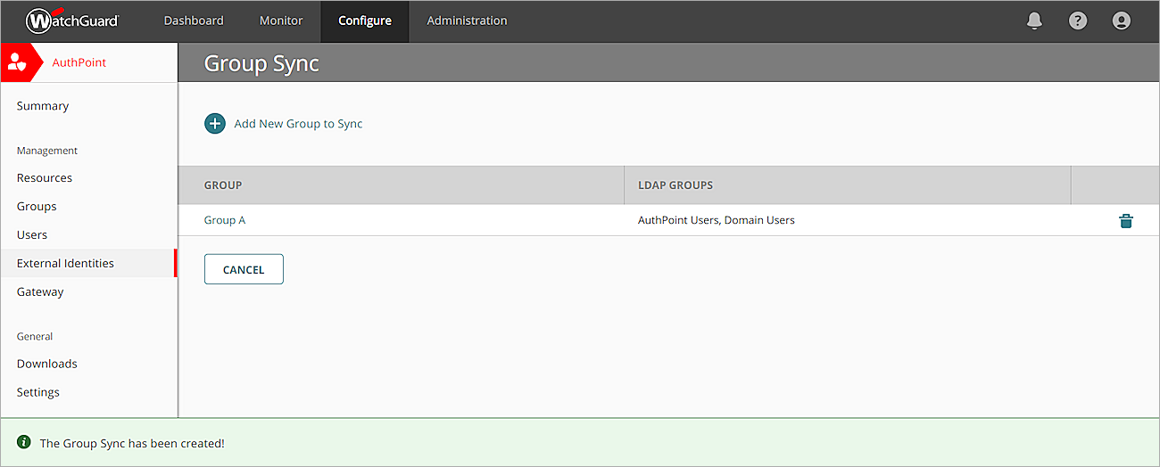Screen shot that shows a configure group sync on the Group Sync page.