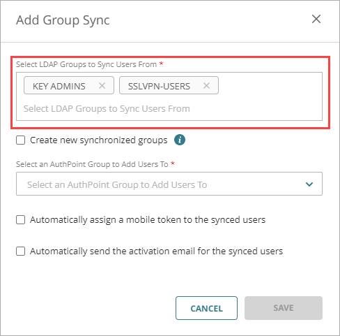 Screenshot that shows the settings in the Add LDAP Group Sync window.
