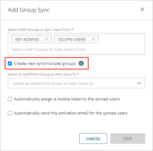 Screen shot that shows the settings in the Add LDAP Group Sync window.