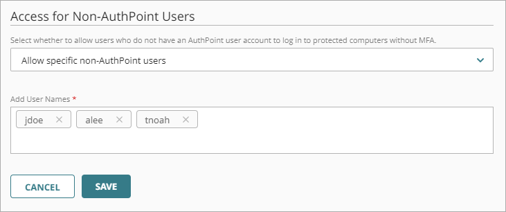 Screen shot that shows the Access for Non-AuthPoint Users section of the Add Resource page.
