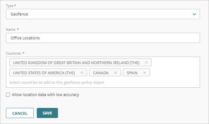 Screen shot that shows the geofence fields on the Add Policy Object page.