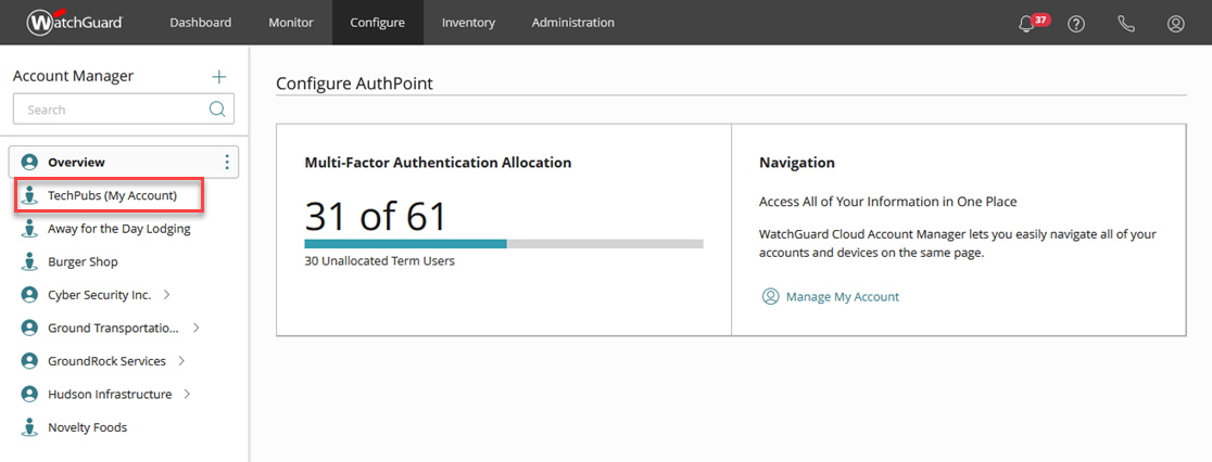Screen shot that shows Account Manager in WatchGuard Cloud.