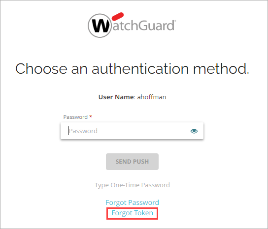 Screen shot that shows the Forgot Token option on the AuthPoint authentication page.