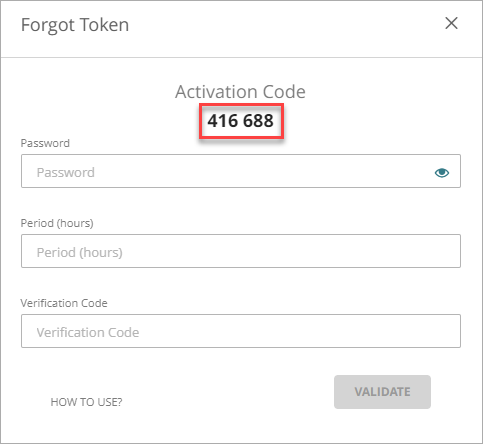 Screen shot that shows the activation code in the Forgot Token window.